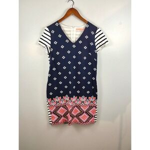 Vilagallo Navy Striped Embroidered V-Neck Shift Dress Size 40